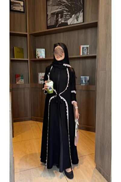 dar laha abaya عباية D70002- بقماش كريب ملكي بكلفة مع ربط مميز من الامام - زهري