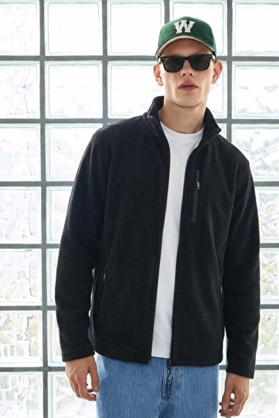 DAMGA JEANS Men's Zippered 3-Pocket Black Long Cardigan Fleece