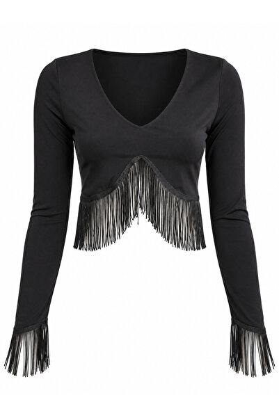 VERYMODA V Yaka Uzun Kollu Püskül Detaylı Crop Bluz