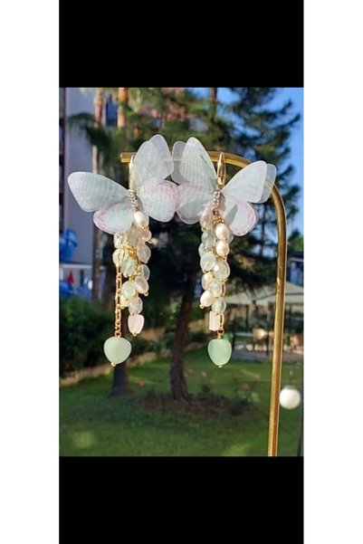 El Yapımı Doğal Taşlı Organze Kelebek Küpe - Pembe Kuvars Florit Gerçek İnci Tasarım Kadın Küpe