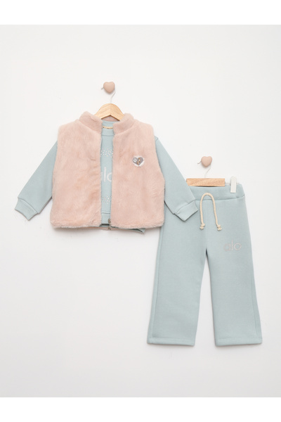 baby flamindo Plush Vested Stone Printed 3 Yarn Girls' Tracksuit Set