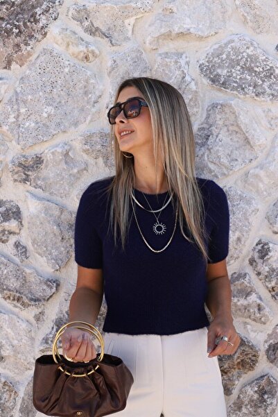 bytugcekaya Navy Blue Standard Size Soft Textured Short Sleeve Sweater