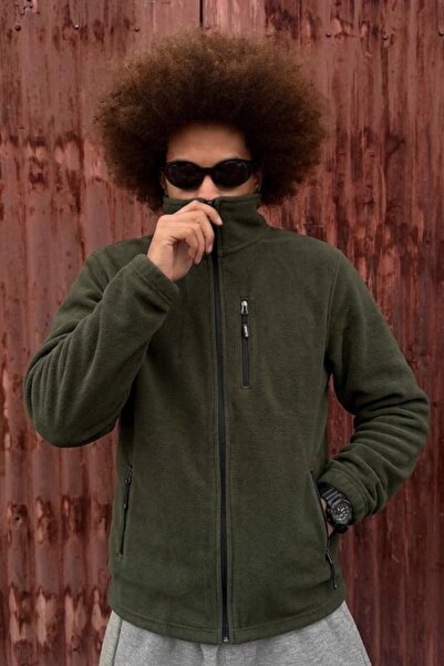 DAMGA JEANS Men's Trend Regular Fit Full Zipper Khaki Fleece