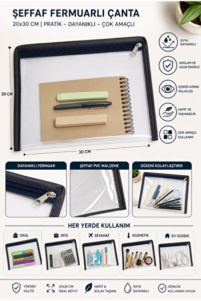 online shopping dsg store Şeffaf Fermuarlı Çanta 20x30 cm – Çok Amaçlı Seyaha...