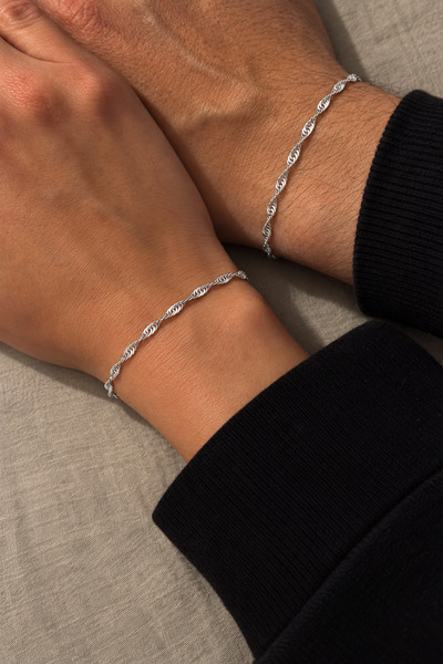 Tixy Pixy 2-Piece Unisex Stainless Steel Silver Singapore Chain Bracelet – Lo...