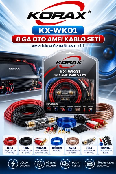 Korax KX-WK01 8 Ga Oto Amfi Kablo Seti Amplifikatör Bağlantı Kiti (80A Sigortalı)