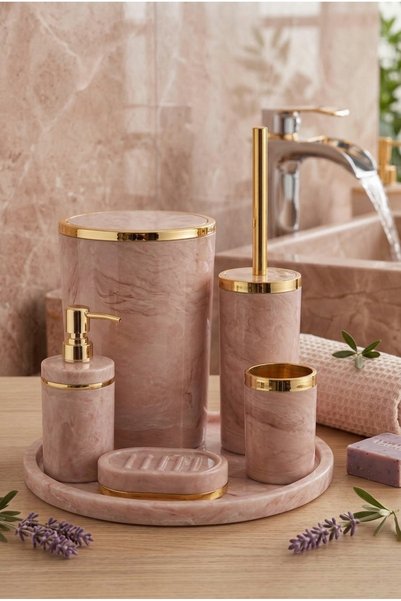 BOHEN Yuvarlak Mermer Desenli 5'li Banyo Seti - Somon Gold