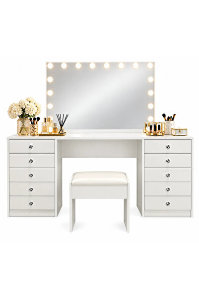 Mobatelier Set VENUS – Masă de Toaletă pentru Machiaj, Oglindă Iluminată LED,...
