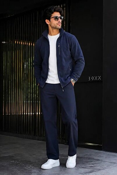 DAMGA JEANS Men's Daily Thick Full Zipper Navy Blue Fleece