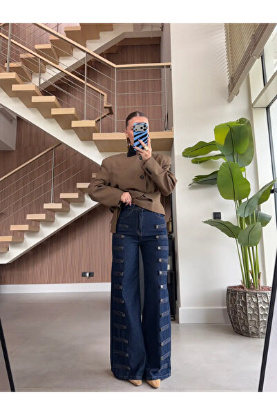 My Blog Navy Blue Napoleon Button Detailed Wide Leg Trousers - 1113