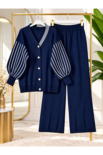 YILMAZBARMAZ Women's Hijab Sleeve Ribbon Detailed Knitwear Pants Set