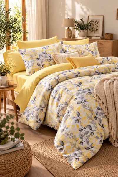 MyStory Home Lastikli Çarşaflı Çift Kişilik Nevresim Takımı Lemon Sarı