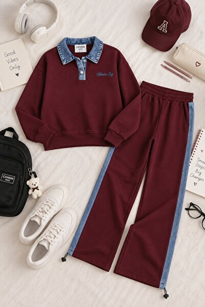 CansınMini Burgundy devojčin set pantalona sa detaljnim džinsovim ovratnikom ...