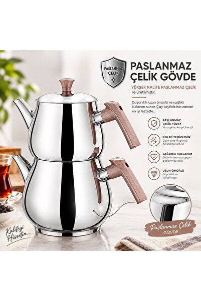 İPEKSARAY Çelik Çaydanlık Damla Mini – 0,80 Lt Demlik 1,2 Lt Çaydanlık – Rose...