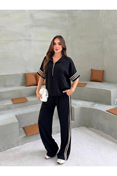 Tubik Women's Collar Zipper Stripe Detailed Pocketed Top and Bottom Modal Set