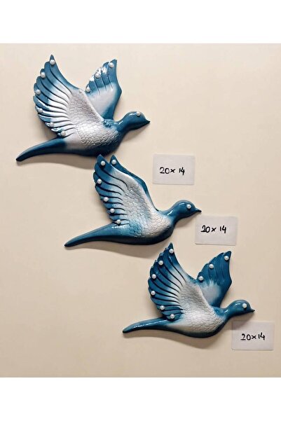 El Yapımı Mavi Kuş Duvar Dekoru – 20x14 cm Dekoratif Kuş Objeleri (3'lü Set)