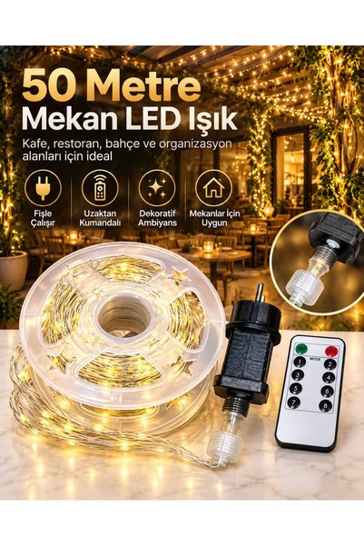 BERHAT 50 Metre Sarı Mekan LED Işık Uzaktan Kumandalı Fişli Dekoratif Tel Led...