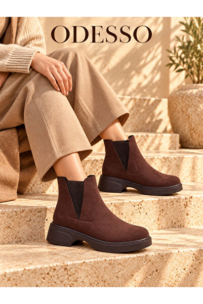 ODESSO Women's Brown Suede Chelsea Boots with Elastic Side and Mesh Detail, T...