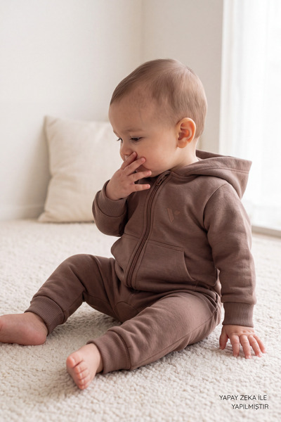 VAUVA Unisex Bebek 3 İplik Şardonlu Tulum - İçi Pamuklu Fermuarlı Kapüşonlu T...