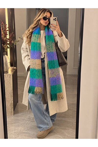 sf collection Renkli Puffy Yumuşak Dokulu Atkı Ekose Desenli Omuz Şalı