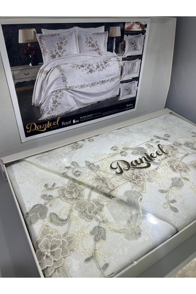 DANTEELHOME Royal 3D Gipürlü Yatak Örtüsü 3 Parça Krem Nakış