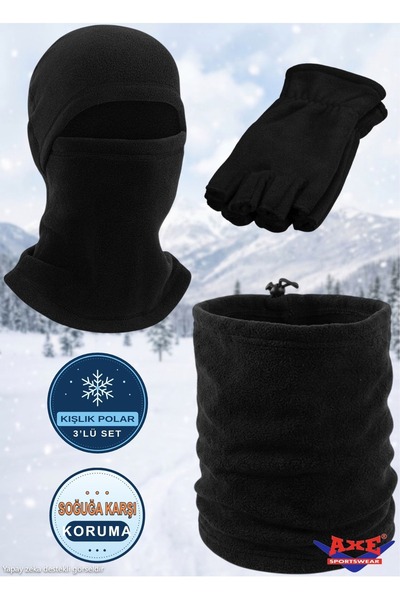 AXE SPORTSWEAR Unisex Μαύρο Χειμερινό Σετ 3 τεμαχίων από Fleece, Μάσκα για το...
