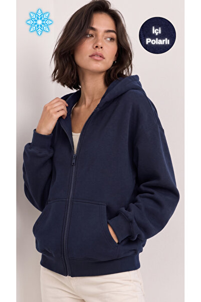 Nordmende Kadın 3 İplik İçi Polarlı Kapüşonlu Kanguru Cepli Fermuarlı Sweatshirt