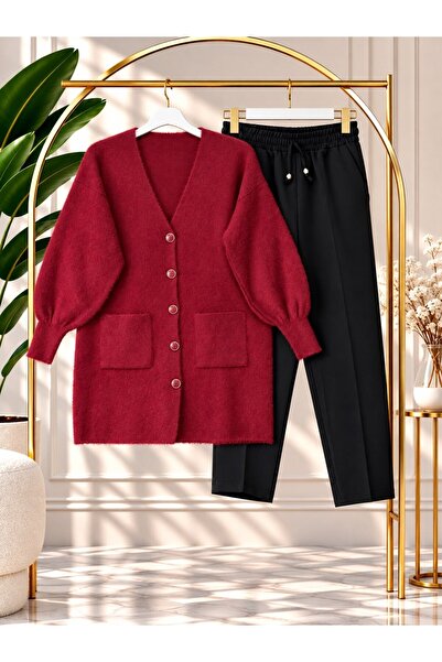 modasindoma Women's Hijab Balloon Sleeve Knitwear Cardigan Panton Suit Burgundy