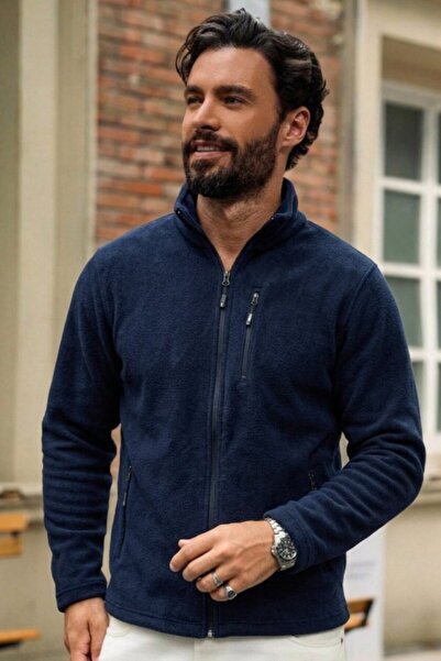 DAMGA JEANS Men's Relax Fit Zippered Textured Navy Blue Fleece