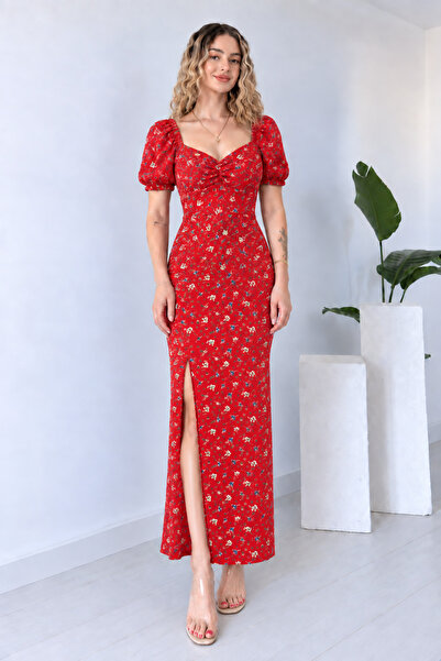 Trendline Women's Wrinkled Fabric Long Dress with Gathered Collar Detail