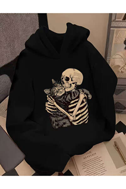 one button Unisex Φούτερ με στάμπα γάτας και σκελετού, με κουκούλα, 2 κλωστών...
