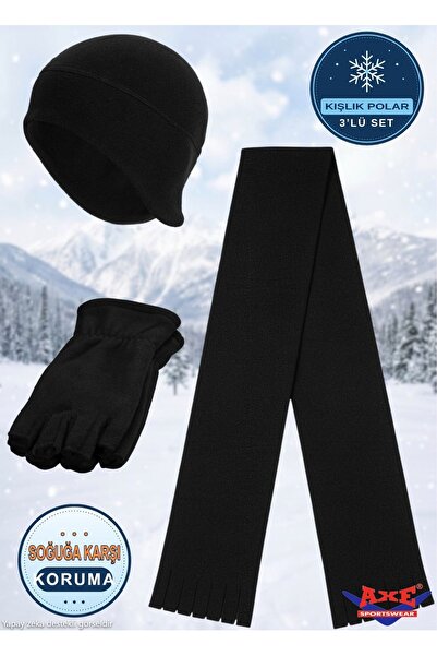 AXE SPORTSWEAR Unisex Black Winter Fleece 3-Piece Set Scarf Earflap Beanie Fi...