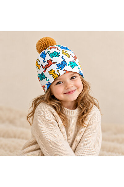 chipiques Unisex Watercolor Cat Patterned Blue Pompom Double Layer Combed Cot...