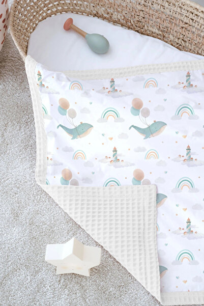 Tuğba Kuğu Double-Sided Baby Blanket, 100% Cotton Waffle Pique |   Pillowcase with Gift - Whale's Dreams - 100 X 150 cm