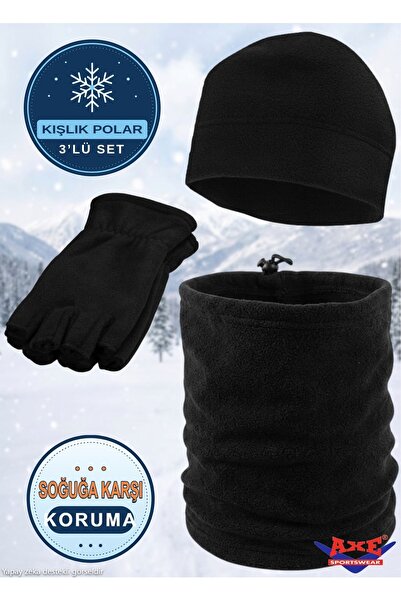 AXE SPORTSWEAR Unisex Black Winter Fleece 3-Piece Set Beanie Neck Collar Fing...