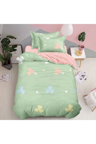 Pucioasa Home Lenjerie de pat 1 persoana Green Clover 4 piese, cu cearceaf cu...