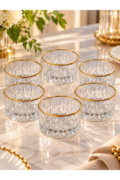 Şahika Kristal cama atılan imza 6-Piece Lara Gold Snack, Dessert and Appetizer Multi-Purpose Cutting Crystal Bowl Set