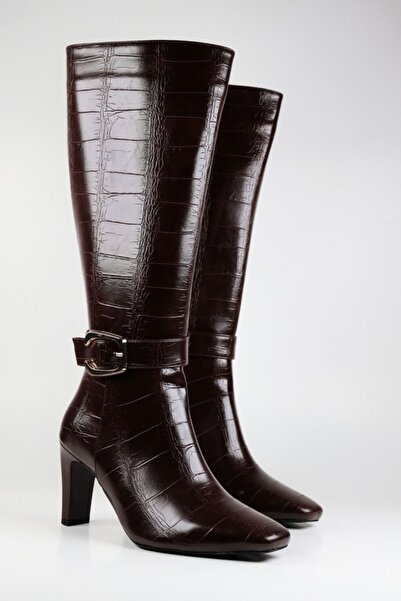 SİLAR Croco Crocodile Skin Buckle Detailed Women's Thin Heel Zipper Boot 9cm