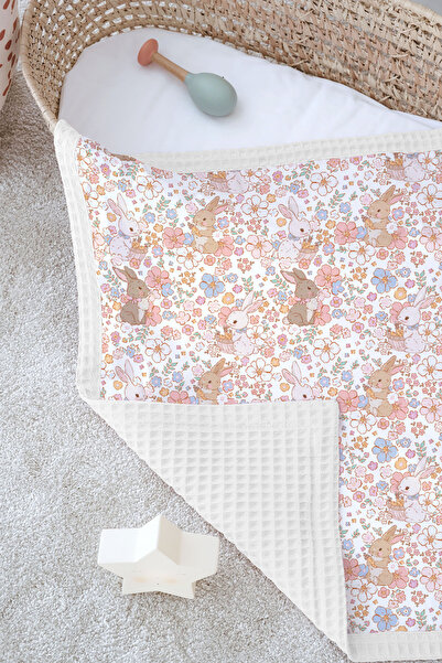 Tuğba Kuğu Double-Sided Baby Blanket, 100% Cotton Waffle Pique |   Pillowcase with Gift - Bunny Dream - 100 X 150 cm