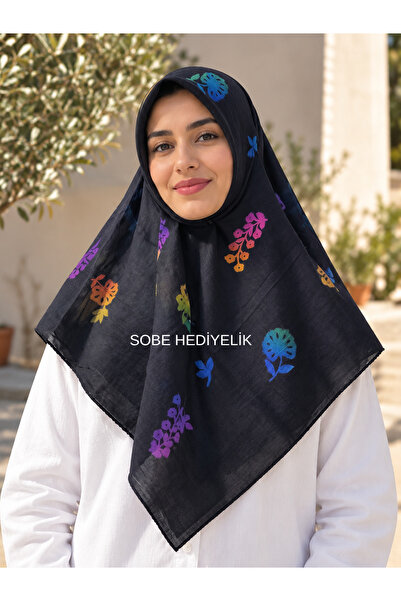 Sobe Hediyelik وشاح رأس من التول بنقشة سوداء مقاس 100x100 - وشاح رأس من التول...