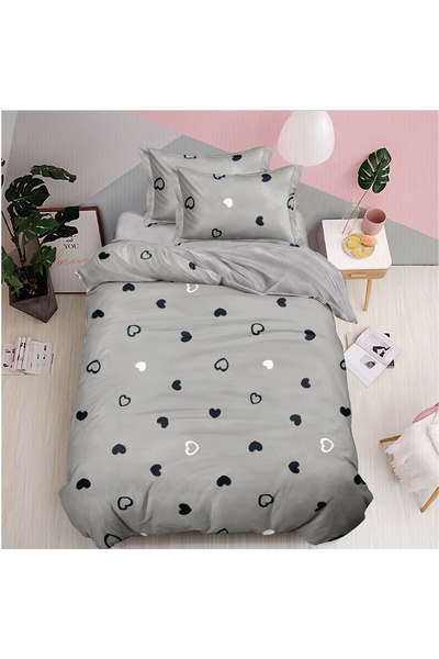 Pucioasa Home Lenjerie de pat 1 persoana Grey Hearts 4 piese, cu cearceaf cu ...