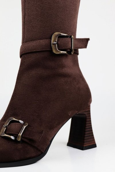 VARENZA WOMAN SHOES Suede Double Buckle Women's Thick Heeled Boots
