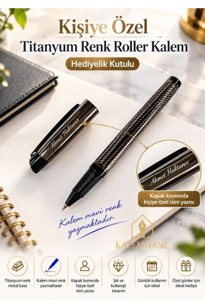 kalemhane Öğretmenler Günü Hediyesi Kişiye Özel İsimli Titanyum Renk Metal Roller Kalem – Hediyelik Kutulu