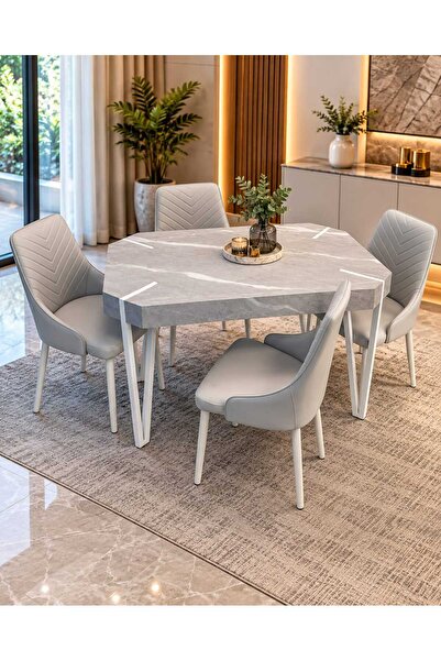 TrentonGCC Modern Dining Table Set 1 Table + 4 Chairs, 130×80 cm, Marble-Look...
