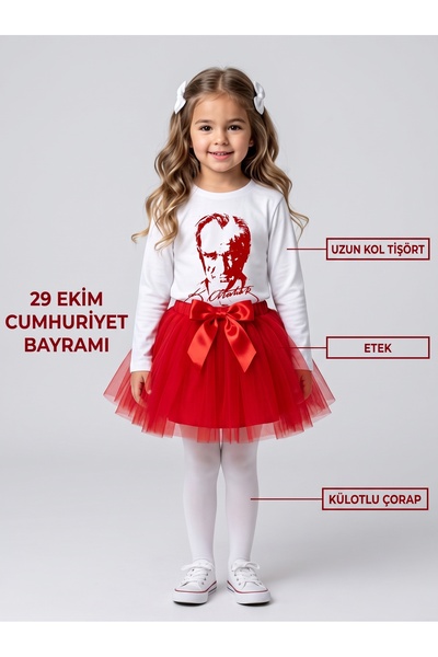 NACAR STORE Kız Çocuk BEYAZA KIRMIZI ATA UZUN KOL ve KIRMIZI TÜTÜ ETEK-KÜLOTL...