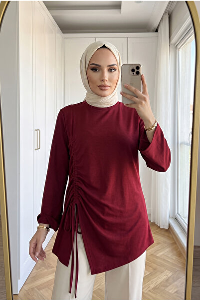 Kirazca Butik Kadın Yandan Ayarlanabilir Büzgülü Bağcık ve Yırtmaç Detaylı Pe...