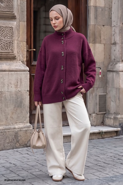 InStyle Ζακέτα πλεκτή με λεπτομέρεια διπλών κουμπιών σε χρώμα δαμασκηνί