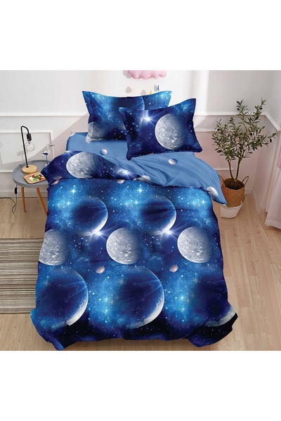Pucioasa Home Lenjerie de pat 1 persoana Galaxy Moon 4 piese, cu cearceaf cu ...