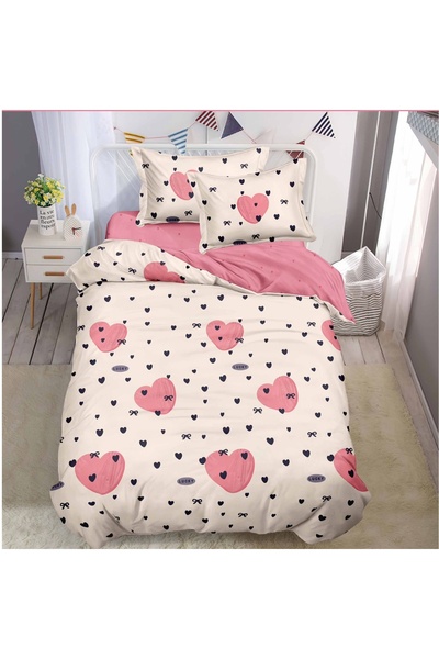 Pucioasa Home Lenjerie de pat 1 persoana Pink Hearts 4 piese, cu cearceaf cu ...