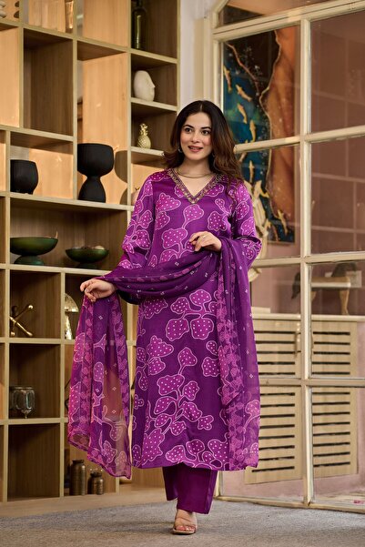 PRIYA'S PANACHE Premium Gaji Satin 3 Piece Suit Set for Women with Dupatta & ...